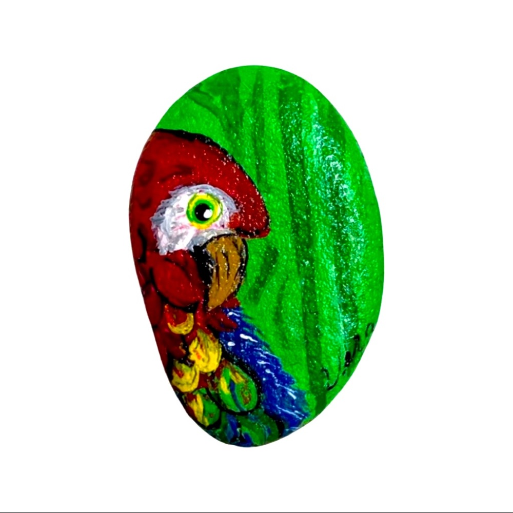 Hand painted crafted red blue rock jungle yellow green approximately 2 inches